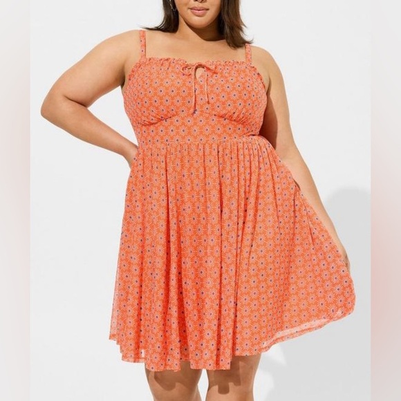 Torrid Mini Mesh Cami Shirred Bust Skater Dress Sunny Days Nasturtium - Picture 3 of 12